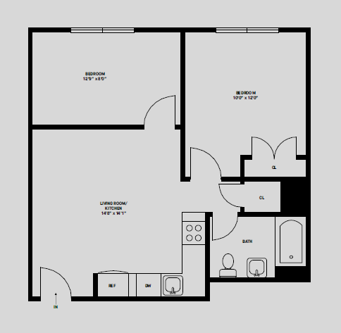 Floor plan for 2 beds, 1 bath, 526 sqft